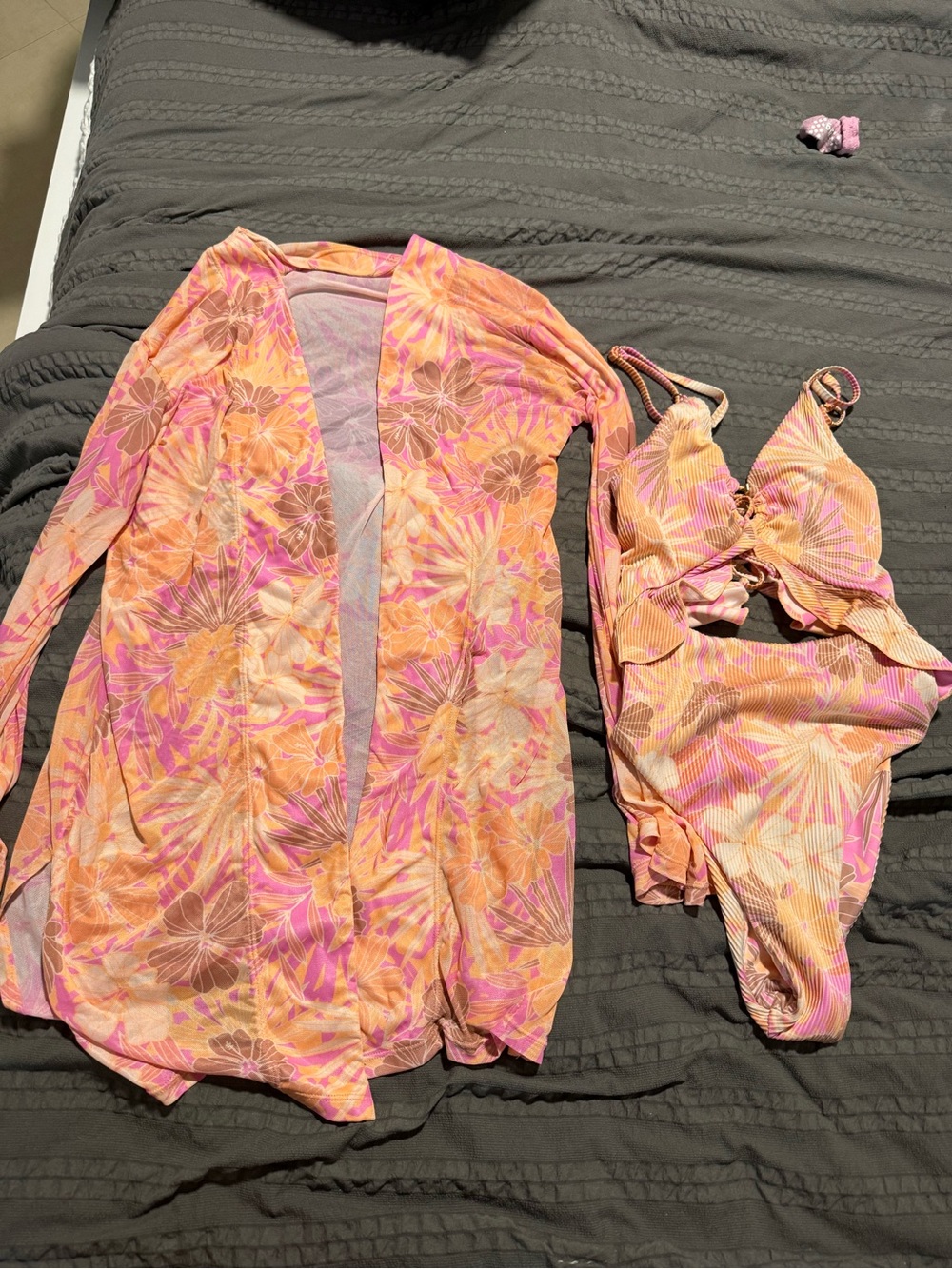 Altar'd State Pink & Orange Floral Tie-Front Swim Set with Matching Cover-Up